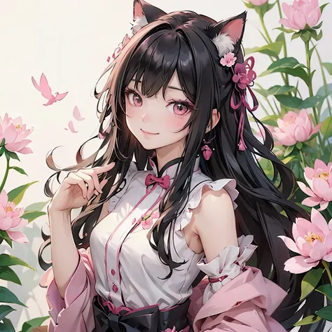 Cat ear、peony色のリボンをつけた猫、peony色の髪、peony色の目、peony色の服、peony、smile