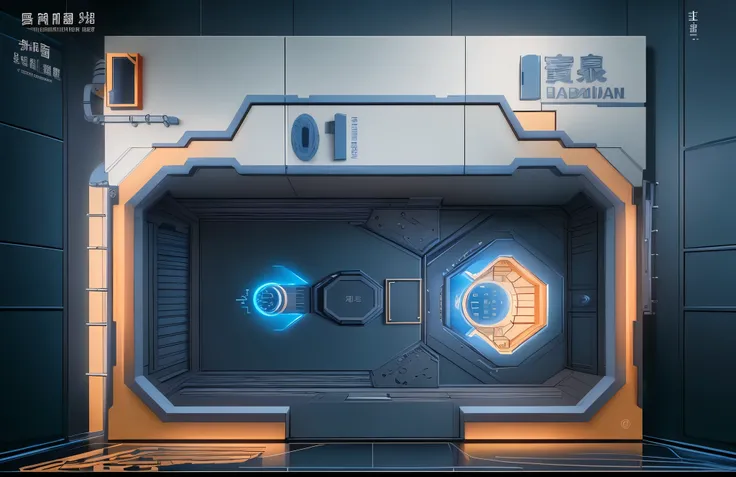 Design drawing of a square-shaped space station, with "Jun Baoqian" text in the top left corner, on a white background with yellow borders and orange lines for the design of the door frame and floor plan. The door is shown in front view. There should be no...