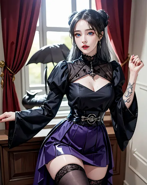 Hard Dark Gothic Makeup、my sanity、deep night sky、Horror、Dark Gothicメイク、Expression of intense sexual pleasure、(Embarrassed look), Dark Gothic、Obscene language、highest quality、Expression of sexual pleasure in suffering、Drunk face、Purple maid outfit、A face th...