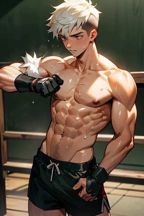 a shirtless exhausted 19-year old handsome caucasian male in faded haircut, mma gloves, fighting shorts, cute, handsome face, six-pack abs, beautiful body, well-defined body, dripping sweat, drenched with sweat, standing infront of a blackboard