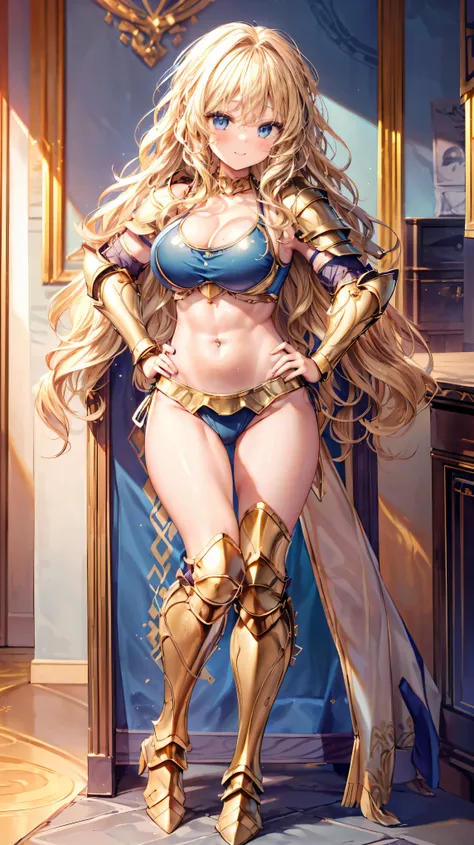 Very detailed、highest quality、Best image quality、masterpiece、8k、Anime Face、A kind smile、Open your mouth、Sparkling blue eyes、(Blonde wavy hair:1.5)、、Muscles of the whole body、Hands on hips、camisole、Thigh belt、mini skirt、(Wearing gold bikini armor:1.5)、Cowbo...