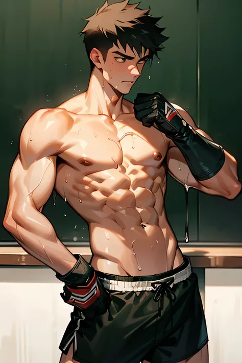 a shirtless exhausted 19-year old handsome caucasian male in faded haircut, mma gloves, fighting shorts, cute, handsome face, six-pack abs, beautiful body, well-defined body, dripping sweat, drenched with sweat, standing infront of a blackboard