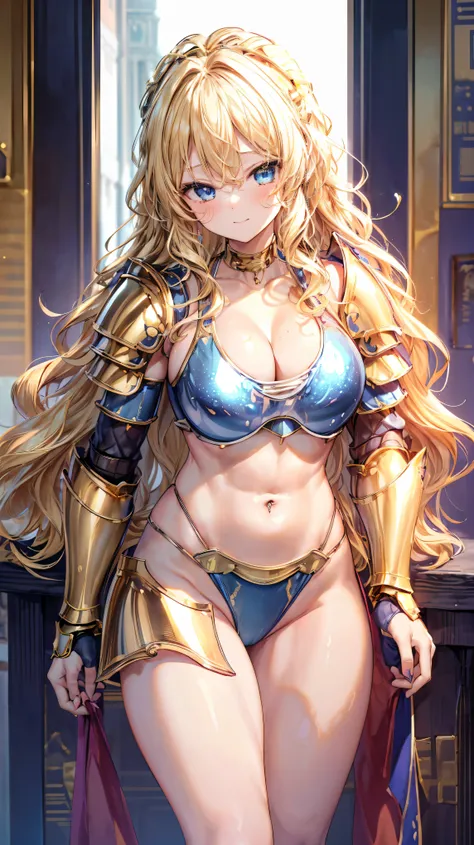 Very detailed、highest quality、Best image quality、masterpiece、8k、Anime Face、A kind smile、Open your mouth、Sparkling blue eyes、(Blonde wavy hair:1.5)、、Muscles of the whole body、Hands on hips、camisole、Thigh belt、mini skirt、(Wearing gold bikini armor:1.5)、Cowbo...