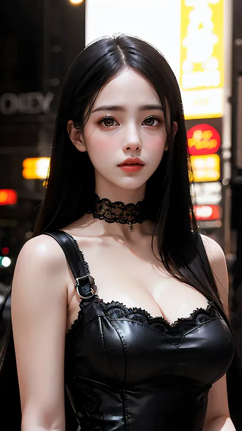 beautiful girl with realistic black eyes, pale skin, long black hair, perfect face, perfect eyes,((deep neckline tight lace dres...