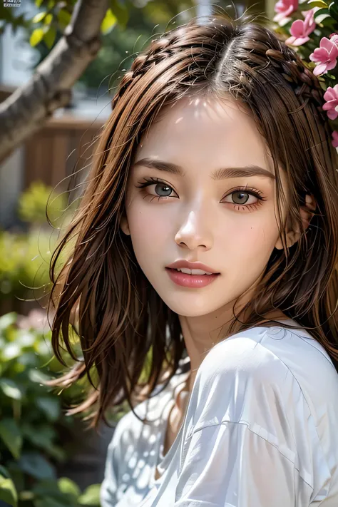 (8k, RAW Photos, highest quality, masterpiece, Realistic, Realistic), (1 female), (Ultimate beauty), Highly detailed face, (Perfect Teeth), Beautiful Eyes, double eyelid, eyelash, smile, Lip details, Brunette Bob, The light shines on your face, Big Breasts...