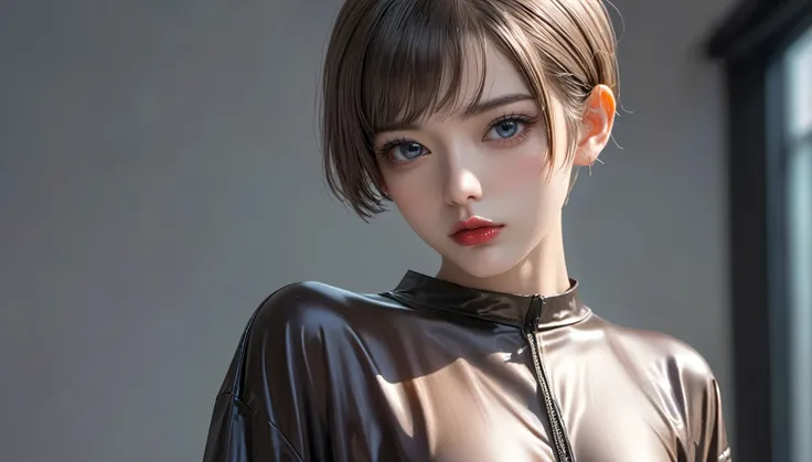 Top Quality, Masterpiece, High Resolution, 8k, (((skinny girl in oversized rubber shirt with bare back and hot pants, small perky breasts, beautiful detailed eyes, beautiful detailed lips, small closed mouth, extremely detailed face, pixie side shaved hair...