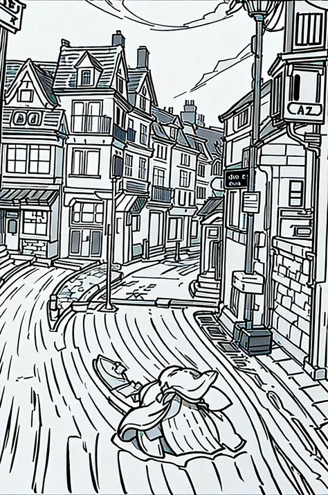 medieval street，from side, sideways,Black and white comic style,Black and white lines