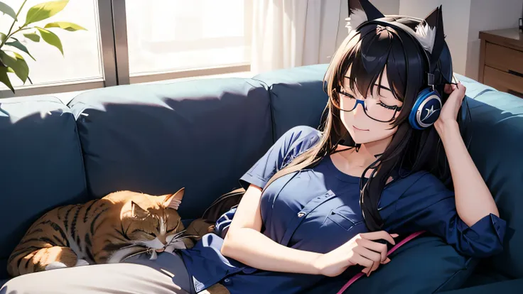 Beautiful girl with cat ears and headphones relaxing on the sofa、Dressed in a blue shirt and slacks、Glasses、Eyes closed and mouth smiling、No cats、