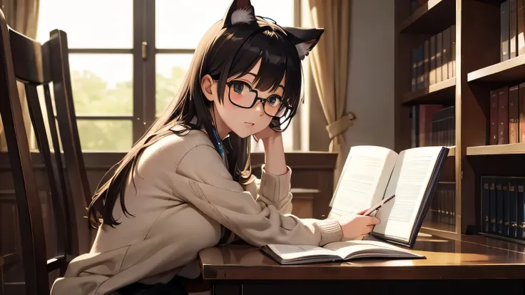 A beautiful girl with cat ears studying in a library、I have a pen、indirect lighting、Dressed in a summer sweater、Glasses