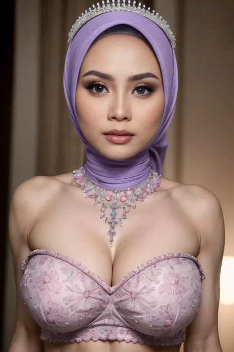 transparent, ((short hijab)), ((gigantic tits:1)), (dynamic photograph of a 58 year old indonesian woman), (slim top, cotton pan...