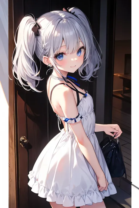 Silver-haired blue eyes、 girl、Small breasts、Twin tails、Laughter、Nico Nico Smile、Wink、 girl、Looks about 15 years old、Petan Musume、short、There are highlights in the eyes、Gal-like appearance、Wearing piercings、She leans forward and seduces、Wear light clothing、...