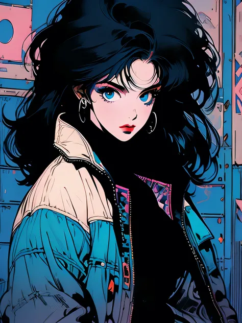 one Female Futuristic punk rocker, co-owner of Stellar Travelers named Luna,Pale skin color,Wild haircut,Jet black hair,Electric blue eyes, a Black leather jacket, ripped black leather pants, Art style by Yoshikaki Kawajiri