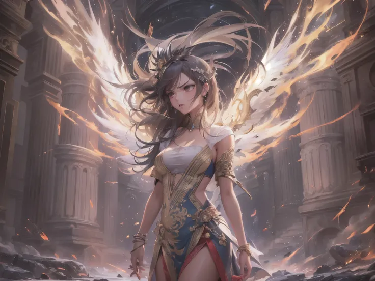 ((highest quality)),(Ultra-high resolution),(Very detailed),(Detailed Description),((The best CG)),(A masterpiece),Ultra-precise art,Amazing drawing art,(Art with precise detail:1.5), (Female angels:1.5),(Angry face:1.3), Lightning tears through the darkne...