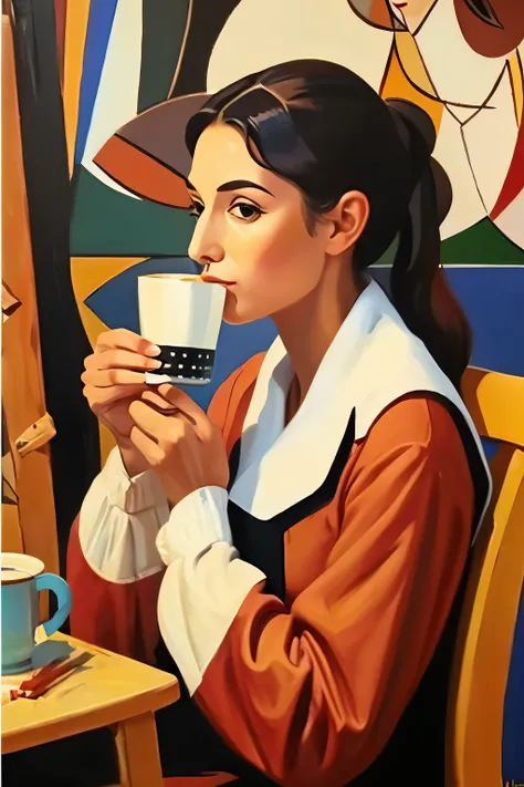 Generate a painting (Western painting) of a beautiful woman drinking coffee in a Picasso-like style.