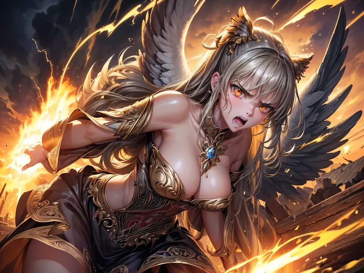 ((highest quality)),(Ultra-high resolution),(Very detailed),(Detailed Description),((The best CG)),(A masterpiece),Ultra-precise art,Amazing drawing art,(Art with precise detail:1.5), (Female angels:1.5),(Angry face:1.3), Lightning tears through the darkne...