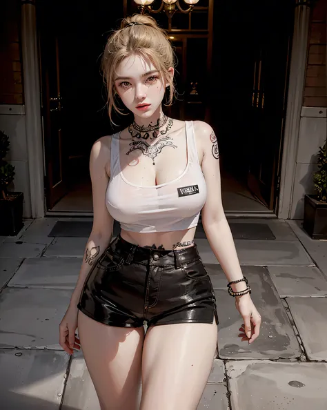 (Browsing Caution:0.7), Perfect Style, Beautiful Face, Highly detailed face and skin texture, (Maximum resolution: 1.2), 1 female,Hip Up, jewelry, (((He has many tattoos all over his body)), Streetwear, (((Tight shorts))), blonde, ,sneakers, (((Tight waist...