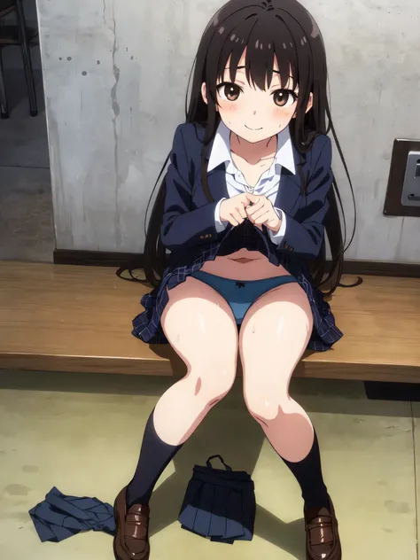 (Masterpiece:1.2, high quality), (pixiv:1.4), (anime:1.4) wearing underwear, panties, loose socks, black hair, buttocks, brown eyes, blue skirt, solo, blazer type , panties, loose socks, black hair, lifting clothes, brown eyes, blue skirt, pure gaze, , min...