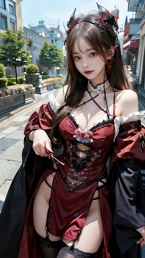 Please draw a super beautiful girl with long white hair and red eyes.。She exudes a mysterious air、Her long white hair fluttering in the wind is beautiful.、The red eyes shine charmingly。Her hair ornament is black、It matches well with Gothic Lolita outfits.、...