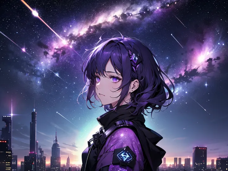 starry sky with the constellations of the zodiac, shades of purple as if they were nebulae, vast space, cyberpunk city at the bottom,  