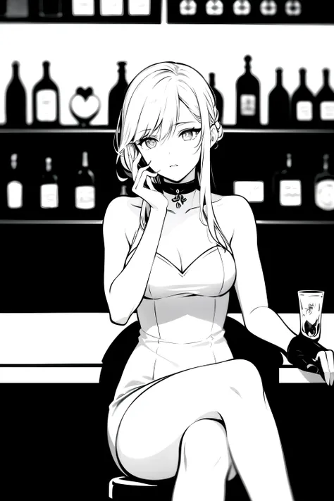 Create a digital illustration of an elegant anime female character sitting at a bar as a patron, not as the bartender. She has long, voluminous hair with loose strands gracefully framing her face, contributing to a look of sophisticated nonchalance. The ch...