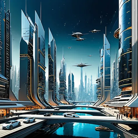 Imagine a sprawling futuristic cityscape, inspired by the iconic sci-fi works of John Berkey. Leonardo AI is seamlessly woven into the fabric of everyday life, with sleek buildings, flying vehicles, and advanced technology merging seamlessly. Think of it a...