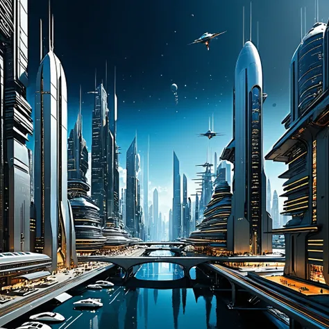 Imagine a sprawling futuristic cityscape, inspired by the iconic sci-fi works of John Berkey. Leonardo AI is seamlessly woven into the fabric of everyday life, with sleek buildings, flying vehicles, and advanced technology merging seamlessly. Think of it a...