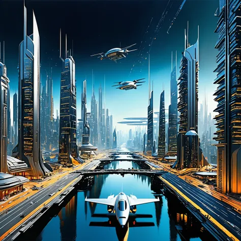 imagine a sprawling futuristic cityscape, inspired by the iconic sci-fi works of john berkey. leonardo ai is seamlessly woven in...