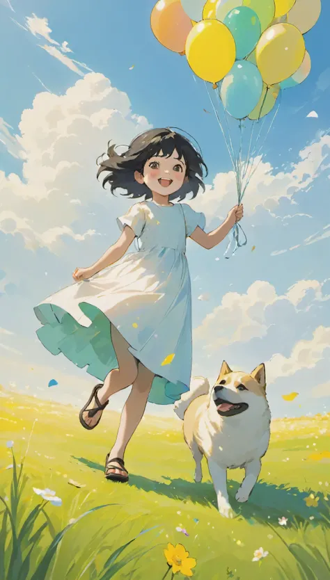 A little girl holding colorful balloons，smiling，She has black hair and wears sandals and a white dress, her skirt swaying in the wind.，Running，A yellow and white Akita dog is walking on the green grass beside him.，Green grass full of flowers，
The sky is bl...