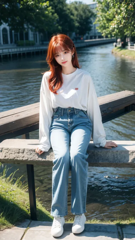 The art of math, (girl, Red_hair, Flowers, Baggy jeans, White shirt, A cautious smile, Cute appearance), (Sit on a bench, River in the background, prime time),, author：Daniil Suponitskiy jpegman