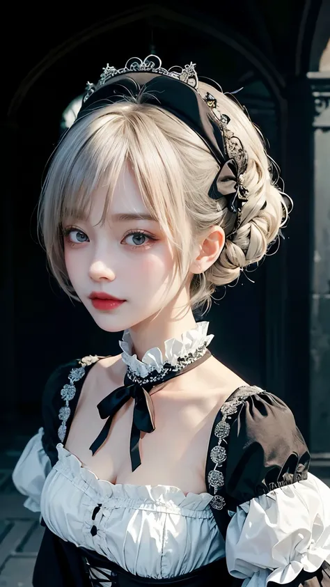 Please draw a very beautiful girl with short white bob hair wearing a gothic lolita outfit.。She exudes an elegant and dark vibe..、She exudes a unique beauty in Gothic Lolita fashion..。Her white hair is pulled back into a neat short bob.、that highlights her...