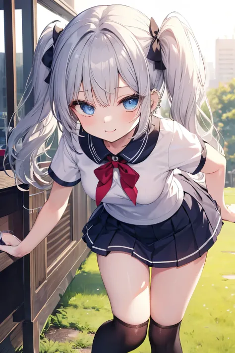 Silver-haired blue eyes、 girl、Small breasts、Twin tails、Laughter、Nico Nico Smile、Wink、 girl、Looks about 15 years old、Petan Musume、short、There are highlights in the eyes、Gal-like appearance、Wearing piercings、She leans forward and seduces、Sexy short sleeve ou...