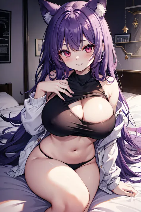 Wolf Girl, Large Breasts, Voluminous, messy purple hair, masterpiece , Red eyes, hd, Head to Chest, Put in your chest、Underboobs、Double teeth,, On the bed、Thick thighs、Tank top、Grinning、Eyes are stars