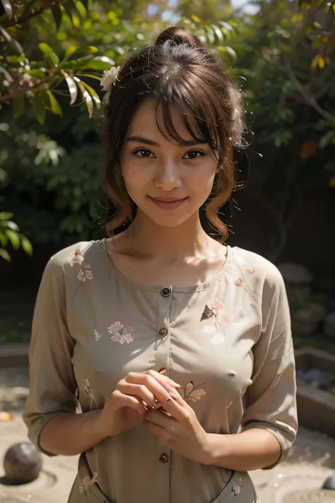 (realistic:1.3), rembrandt lighting, (masterpiece:1.2), (photorealistic:1.2), (best quality), (detailed skin:1.3), (intricate details), ray tracing,1girl, Javanese girl, 21 years old, detailed skin texture, (blush:0.5), subsurface scattering, smiling, updo...