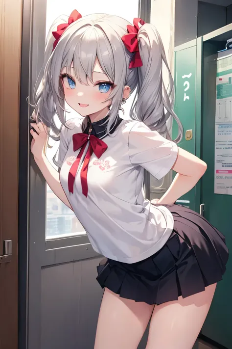 Silver-haired blue eyes、 girl、Small breasts、Twin tails、Laughter、Nico Nico Smile、Wink、 girl、Looks about 15 years old、Petan Musume、short、There are highlights in the eyes、Gal-like appearance、Wearing piercings、She leans forward and seduces、Sexy short sleeve ou...