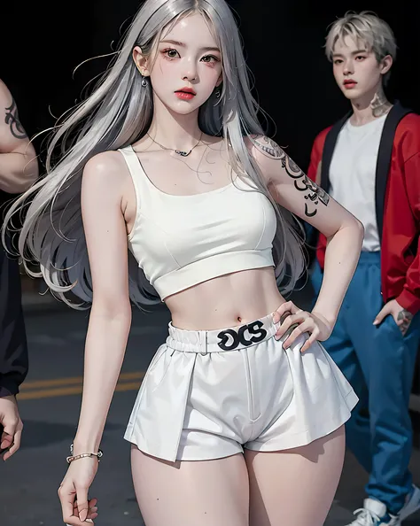 (Browsing Caution:0.7), Perfect Style, Beautiful Face, Highly detailed face and skin texture, (Maximum resolution: 1.2), 1 female,Hip Up, jewelry, (((He has many tattoos all over his body)), Streetwear, Play sports often, Silver Hair, panties, sneakers, ((...