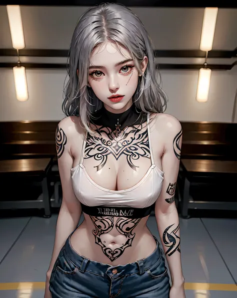 (Browsing Caution:0.7), Perfect Style, Beautiful Face, Highly detailed face and skin texture, (Maximum resolution: 1.2), 1 female,Hip Up, jewelry, (((He has many tattoos all over his body)), Streetwear, Play sports often, Silver Hair, panties, sneakers, ((...