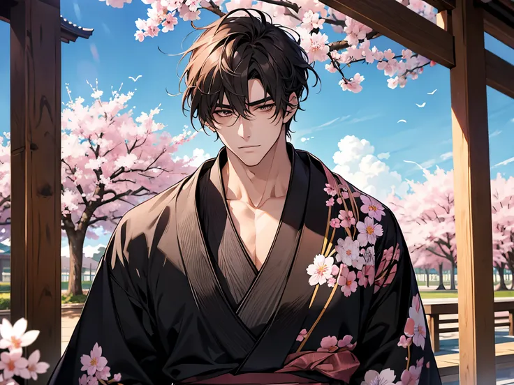 handsome guy, masculine, black kimono, under sakura, sakura blossom, beautiful sunny day