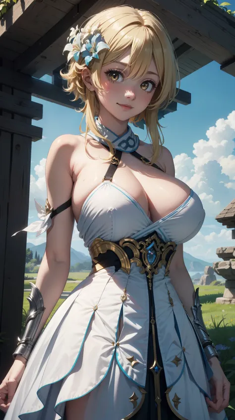 Masterpiece, ultra detail, high quality, 8k cg, (huge breasts), luminedef, blush, bright eyes, standing, outdoor, (fantasy world:1.2), slim body, narrow waist, upper body, smile, from front,