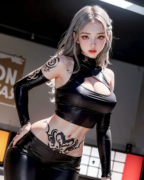 Realistic, High resolution, 1 female, alone, Hip Up, Looking at the audience, (Detailed face), Gray Hair, Long Hair, Mesothobranch wanders around(Bodysuits), Black suit, (((He has many tattoos all over his body)),  (((Tight waist))), ((Big Breasts)),(See-t...