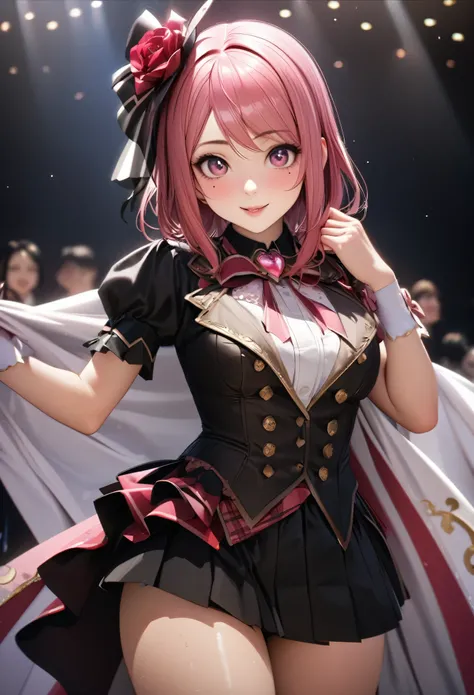 One Girl、Looking at the audience、
Beautiful Pink Eyes、long pink  hair、,Mole under the eye、Plump and glossy lips、Heart-shaped choca、Idol、she is name Riko,smile、ー、。.。.。.。.。.。.。.。.。.。.。.。.。.。.。.。.。.。.3D、Realistic、
idol costume、short skirt,Drape clothes、gem、Th...