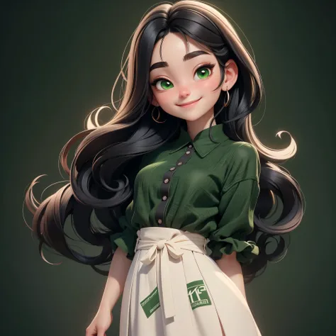 Beautiful 18 year old girl, masterpiece, best quality, 8K Animation, Detailed fingers,Smiling， Precise fingers, Natural posture，illustration, 1 girl, Solitary，Black hair，White top，Green eyes、