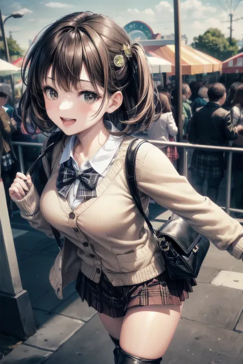 very cute and beautiful girl in amusement park ride,(highly detailed beautiful face),(white blouse),
laugh,happy,(beige cardigan:1.2) BREAK zettai ryouiki,(plaid brown mini skirt:1.2),
hair ornament,black hair,(black shoulder bag),(black boots),
(best qual...