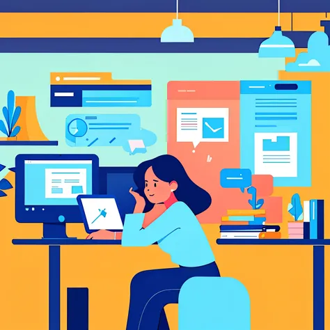 A woman is working on a computer in a room with various objects, featuring editorial illustrations in pastel, James Gillards style, flat style illustrations, digital style illustrations, magazine illustrations in modern style, Rutkovsky style, and programm...
