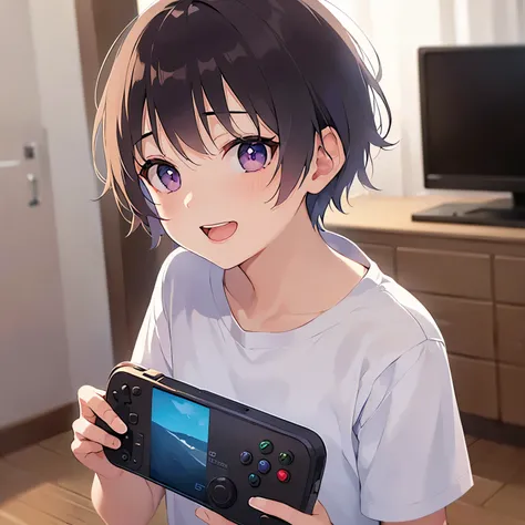 side angle, holding a game controller、、masterpiece、highest quality、 (Short hair with brown bangs) and (Purple eyes) and (5 year old boy:1.5)、Boy, (white) and (T-Shirts)、smile、open mouth, Are standing、The background is the living room、The upper body is show...