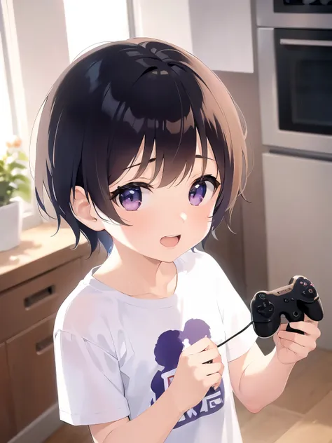 side angle, holding a game controller、、masterpiece、highest quality、 (Short hair with brown bangs) and (Purple eyes) and (5 year old boy:1.5)、Boy, (white) and (T-Shirts)、smile、open mouth, Are standing、The background is the living room、The upper body is show...