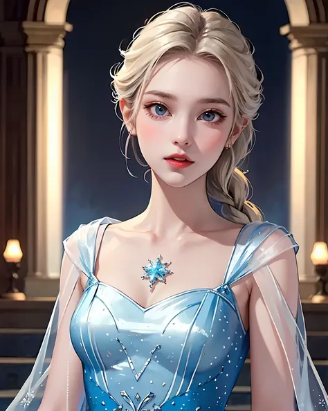 (highest quality, masterpiece), One girl, Upper Body, Looking at the audience, frozen, Elsa, View your viewers，(Big Breasts，Small waist)，(See-through costume)