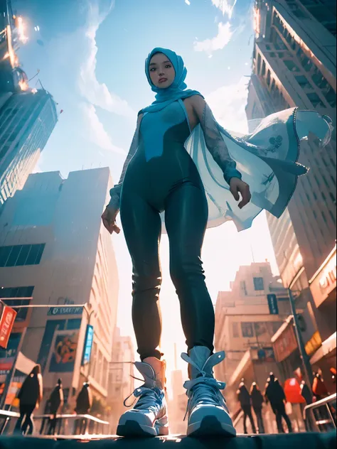 1 malay girl, solo,long big hijab, blue eyes, medium hijab, superhero, blue and white leotard, leggings, boots, hands on hip, to...