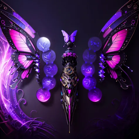 masterpiece，（Beauty and aesthetics：1.5），illustration，Surrealism，Highly detailed，（Mechanical butterfly：1.7），Steampunk theme，portrait，Creating a fusion of technology and art，（Epic composition，Epic Proportions），Two colors（blue、Pink Purple）HD，Black background，...