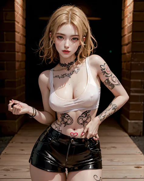 (Browsing Caution:0.7), Perfect Style, Beautiful Face, Highly detailed face and skin texture, (Maximum resolution: 1.2), 1 female,Hip Up, jewelry, (((He has many tattoos all over his body)), Streetwear, ((Tight shorts)), blonde, , (((Tight waist))), ((Big ...