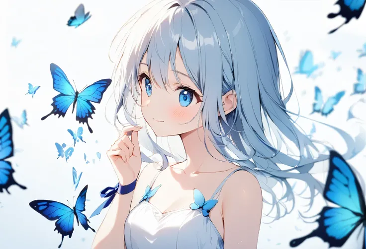 1girl,bare_arms,bare_shoulders,blue_butterfly,blue_ribbon,blue_theme,breasts,bug,butterfly,butterfly_on_hand,closed_mouth,collarbone,dress,glass_shards,ribbon,simple_background,sleeveless,sleeveless_dress,small_breasts,smile,solo,sundress,too_many,too_many...